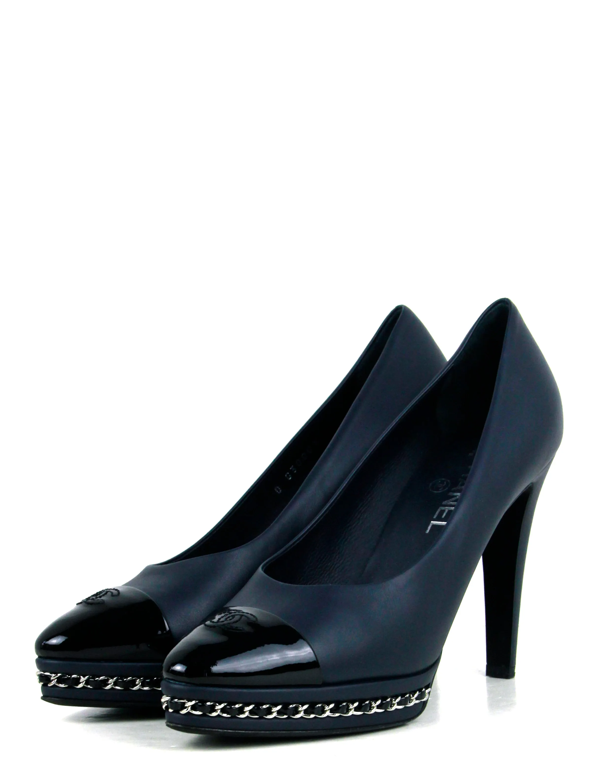 Chanel Calfskin Navy Patent CC Cap Toe Platform Chain Pumps sz 39.5