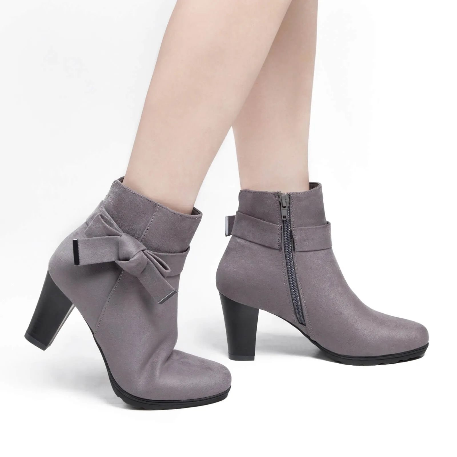 Chunky Stacked Heel Zipper Bowknot Ankle Boots