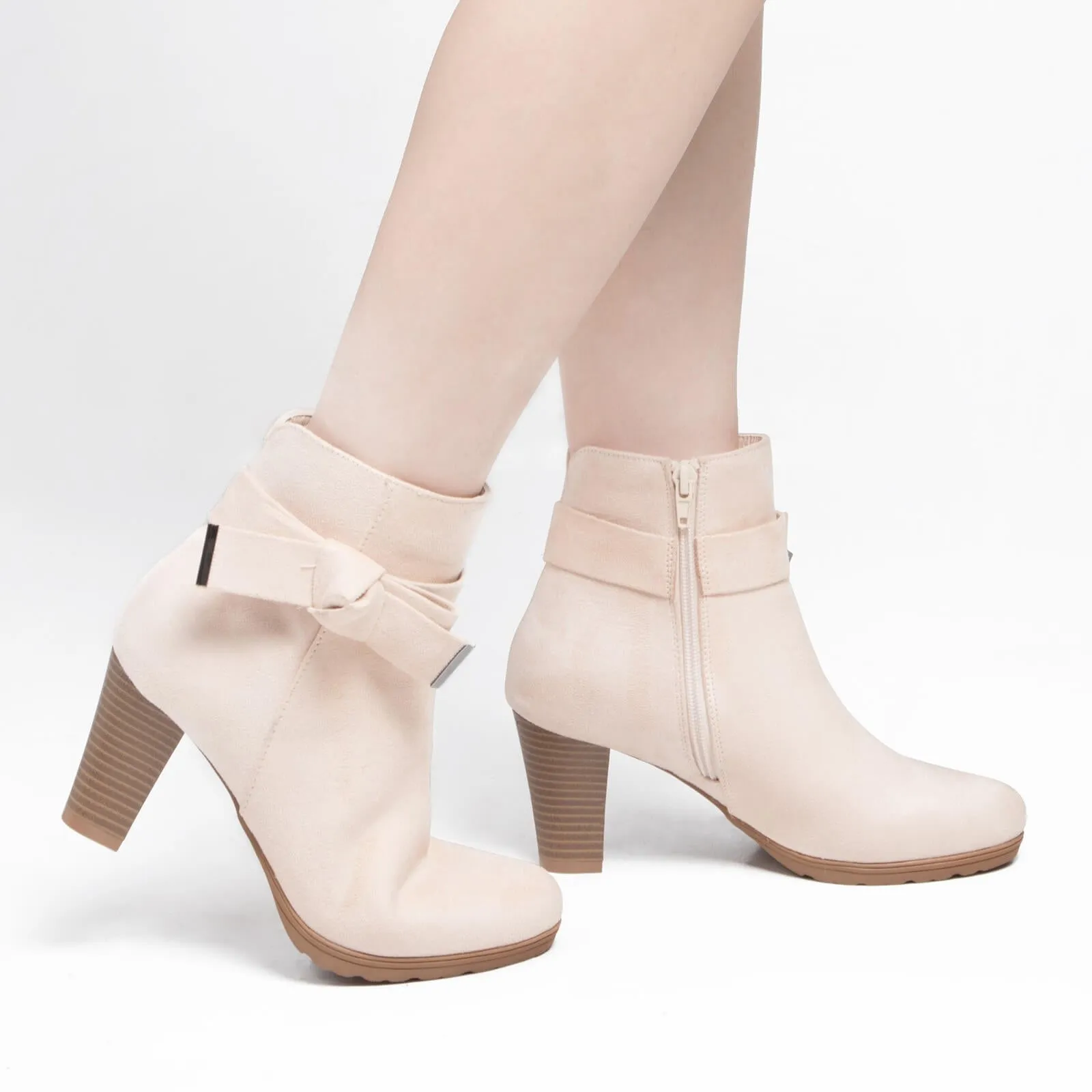 Chunky Stacked Heel Zipper Bowknot Ankle Boots