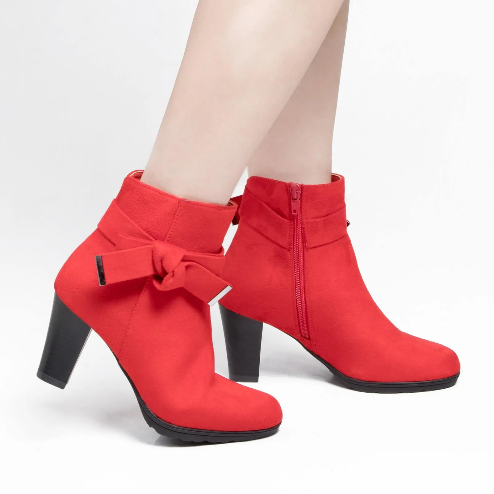 Chunky Stacked Heel Zipper Bowknot Ankle Boots