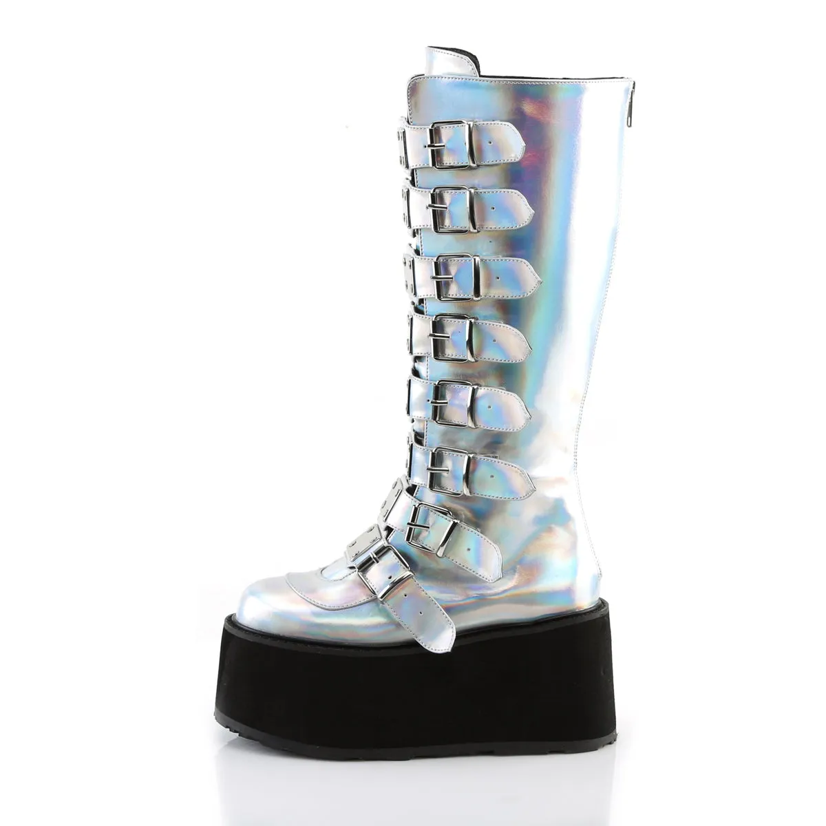 DAMNED-318 DemoniaCult Silver Hologram Vegan Leather Sexy Women's Mid-Calf & Knee High Boots (Alternative Footwear)