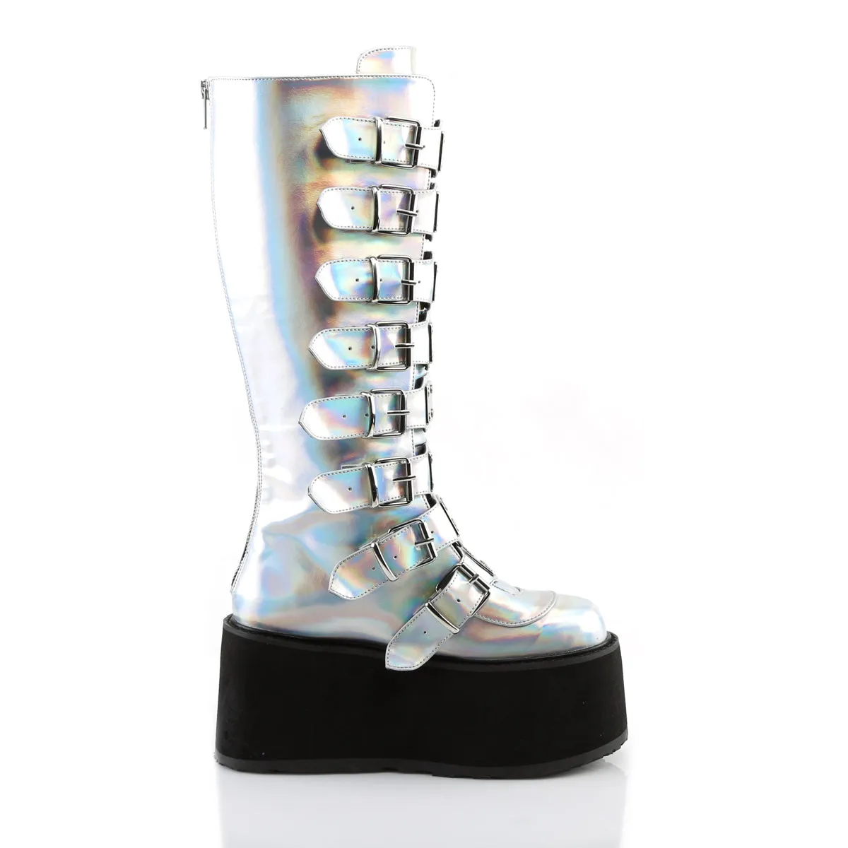 DAMNED-318 DemoniaCult Silver Hologram Vegan Leather Sexy Women's Mid-Calf & Knee High Boots (Alternative Footwear)