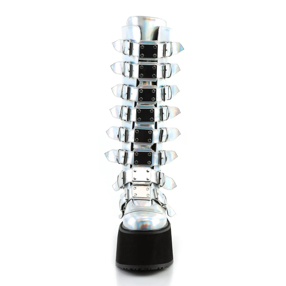 DAMNED-318 DemoniaCult Silver Hologram Vegan Leather Sexy Women's Mid-Calf & Knee High Boots (Alternative Footwear)
