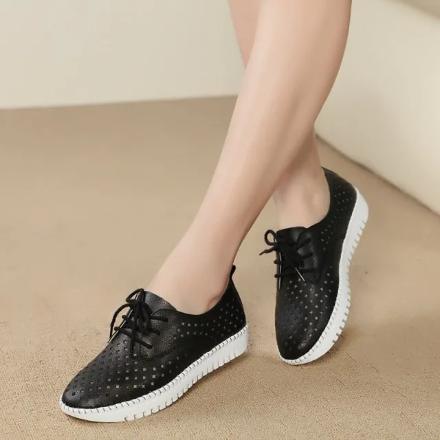 Genuine Leather ladies flats sneakers shoe Women casual loafers shoes female Hollow moccasins White Lace up canvas Boat shoes