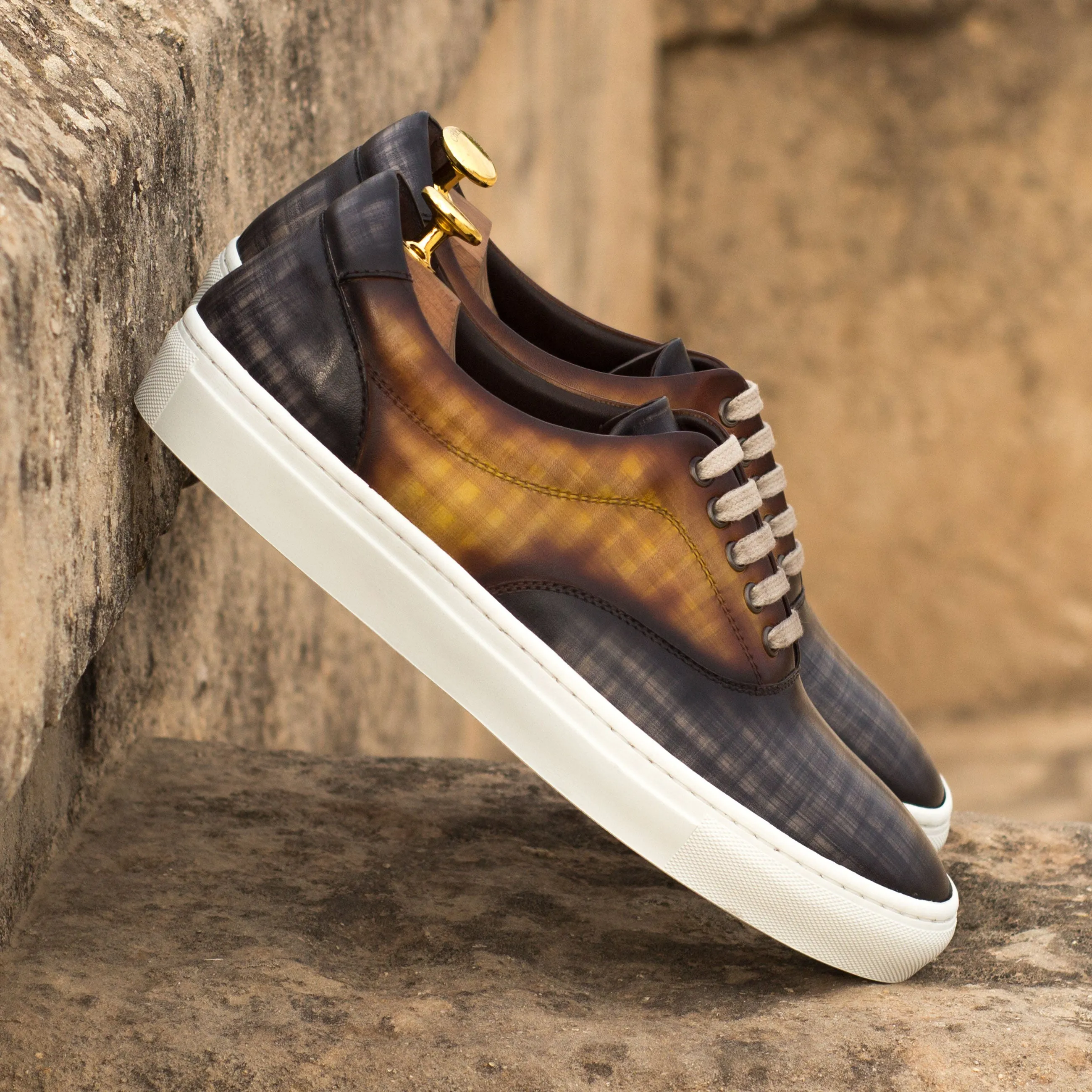 Grey & Cognac Patina Leather Top-Sider Trainers