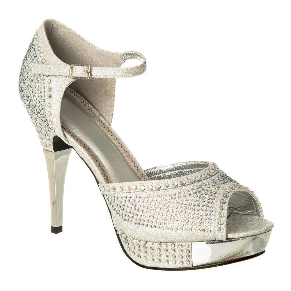 High Heel Platform Diamante Shoe With Open Toe And Ankle Strap