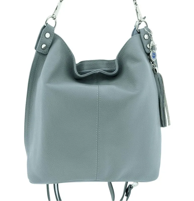 Italian Quality Pebbled Leather Pocket Hobo Bag - Swolit Zeta- Grey