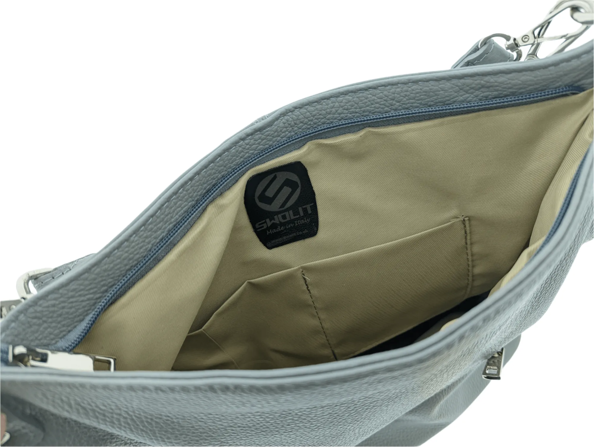 Italian Quality Pebbled Leather Pocket Hobo Bag - Swolit Zeta- Grey