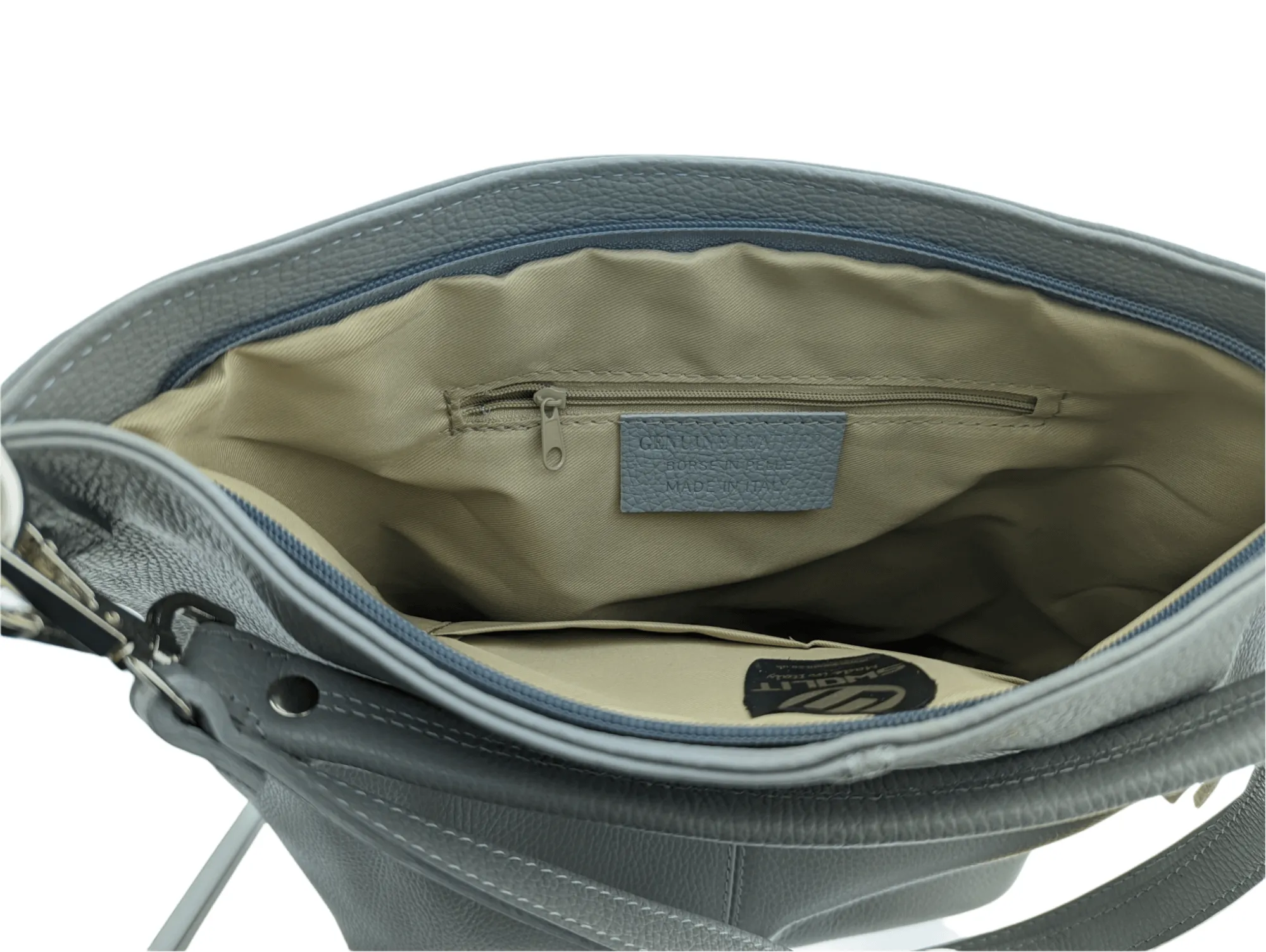 Italian Quality Pebbled Leather Pocket Hobo Bag - Swolit Zeta- Grey