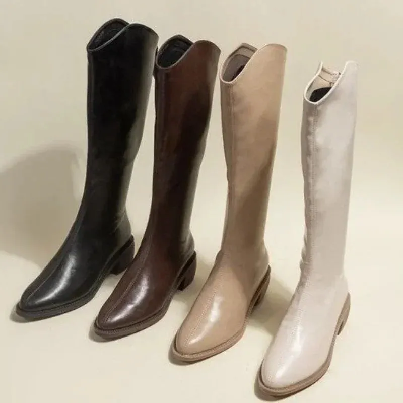 Joskaa Ladies Boots Western Middle Heel Shoes For Women Pointed Toe Footwear Winter Knee High Shaft Punk Long With Stylish Y2k Pu