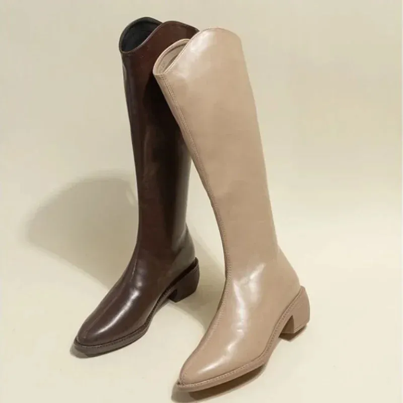 Joskaa Ladies Boots Western Middle Heel Shoes For Women Pointed Toe Footwear Winter Knee High Shaft Punk Long With Stylish Y2k Pu