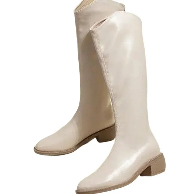Joskaa Ladies Boots Western Middle Heel Shoes For Women Pointed Toe Footwear Winter Knee High Shaft Punk Long With Stylish Y2k Pu