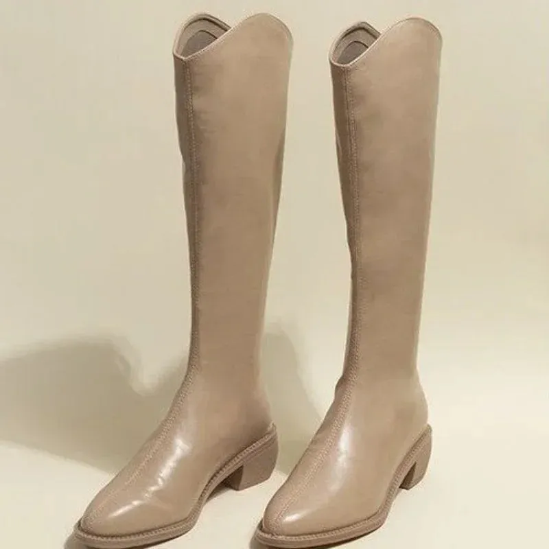 Joskaa Ladies Boots Western Middle Heel Shoes For Women Pointed Toe Footwear Winter Knee High Shaft Punk Long With Stylish Y2k Pu