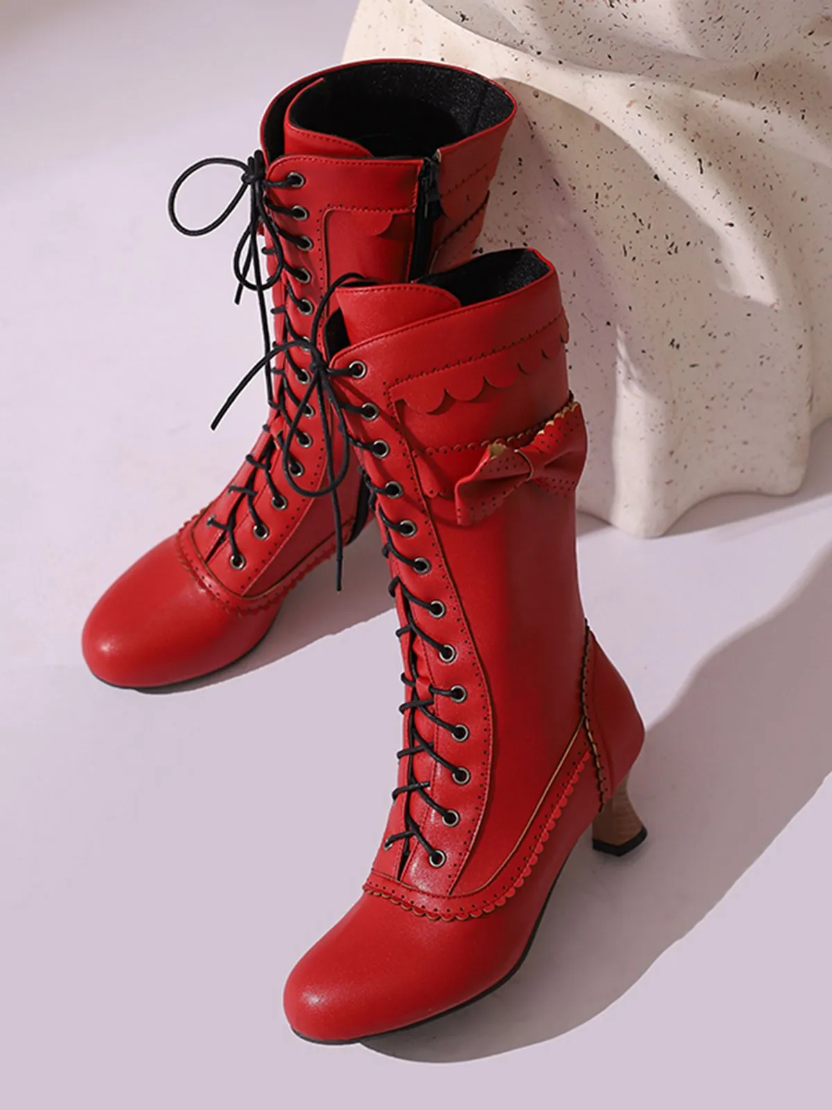 Leather Bow Lace-Up Calf High Boots