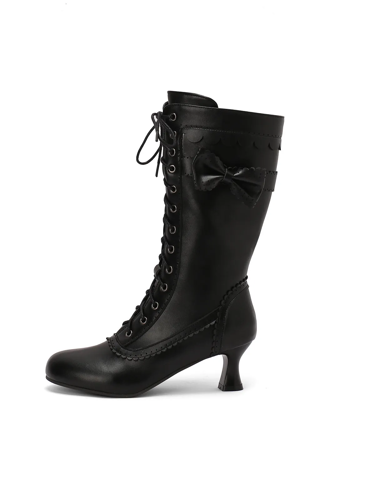 Leather Bow Lace-Up Calf High Boots