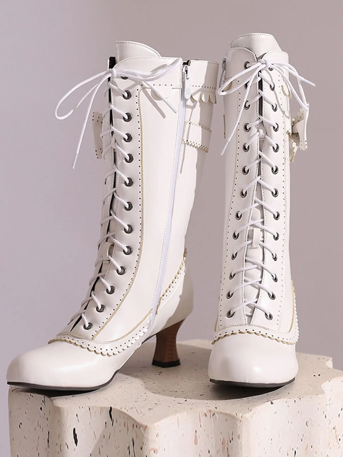 Leather Bow Lace-Up Calf High Boots