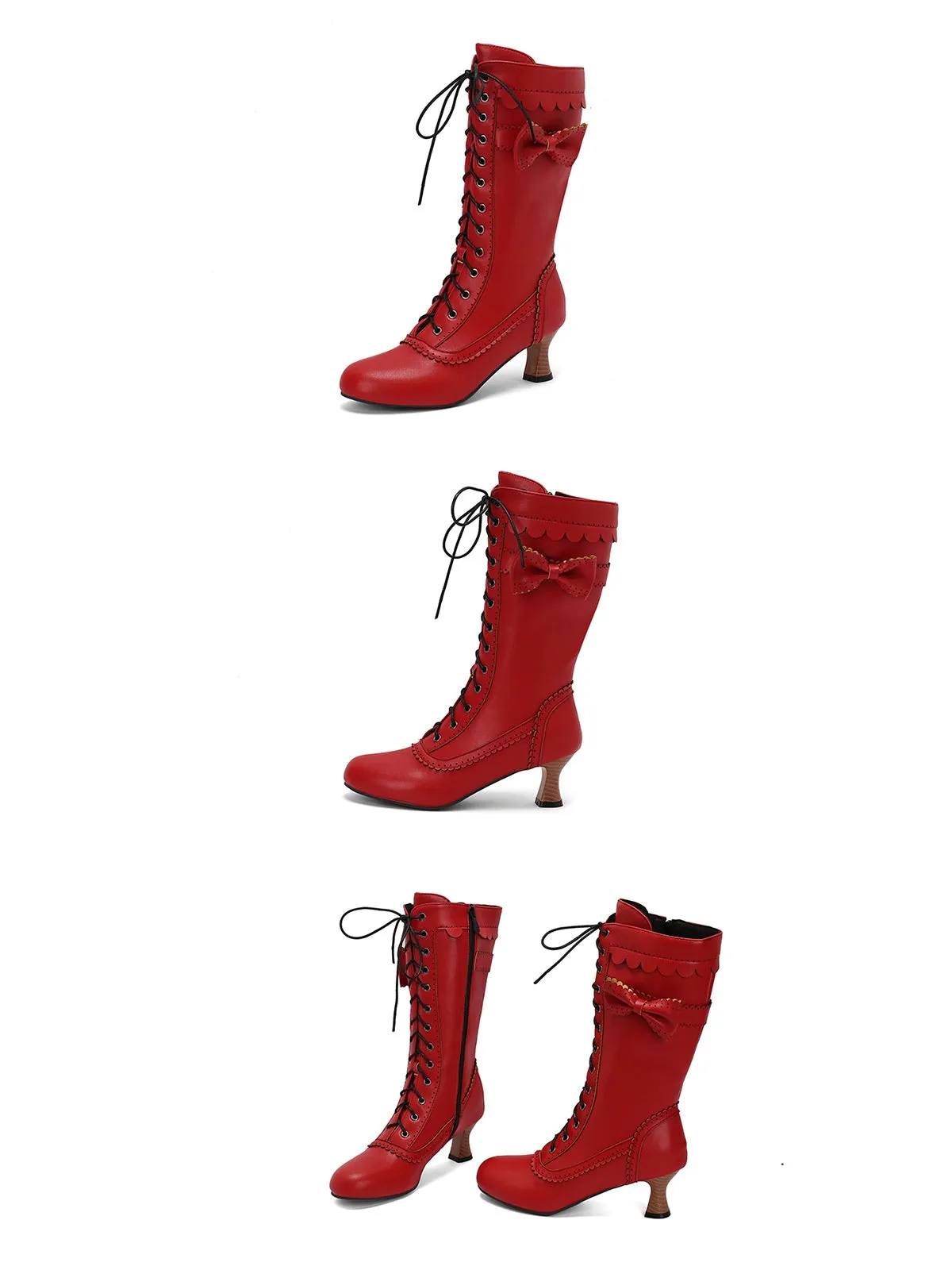 Leather Bow Lace-Up Calf High Boots