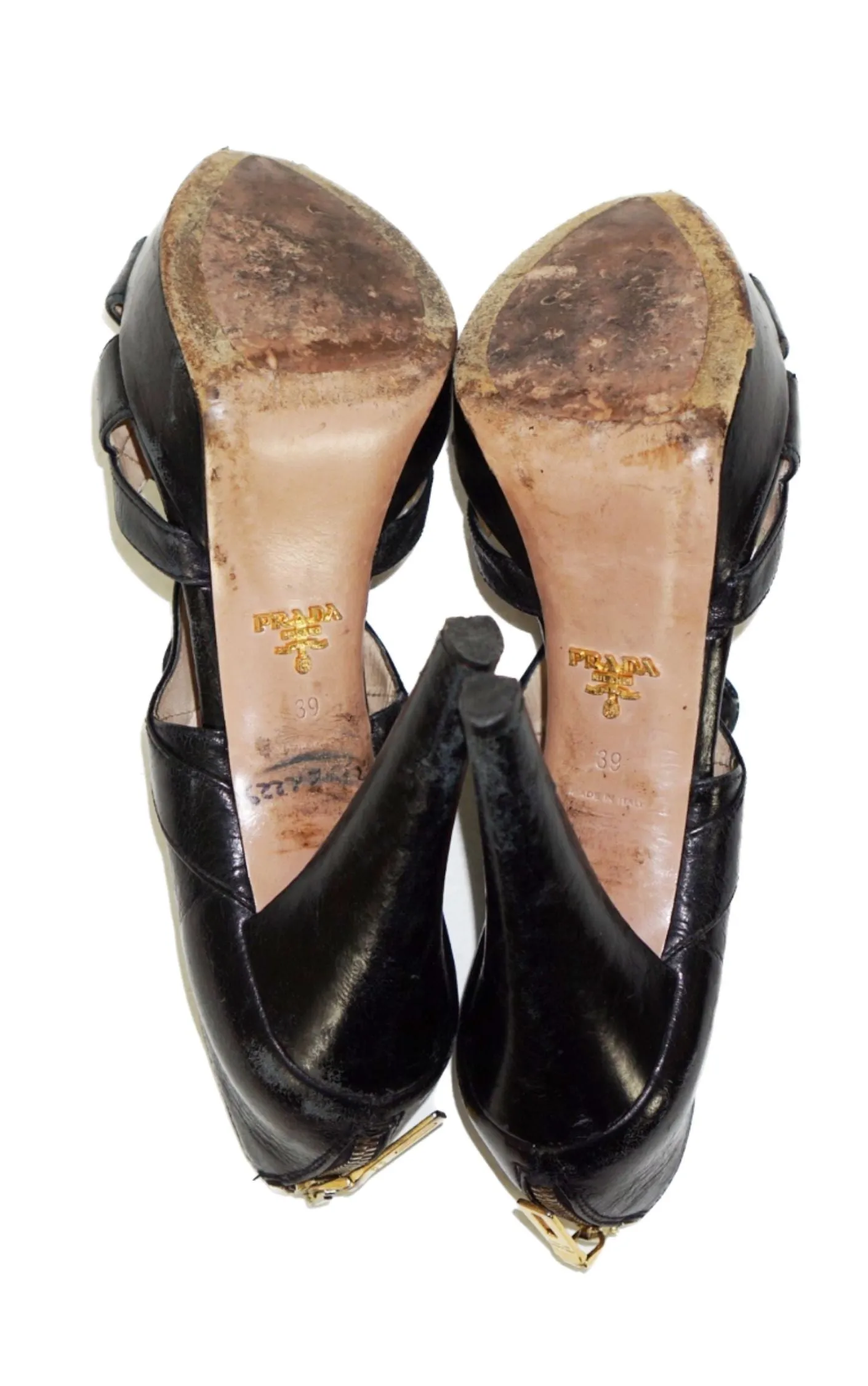 PRADA Black Leather Strap Peep Toe High Heels Sandals