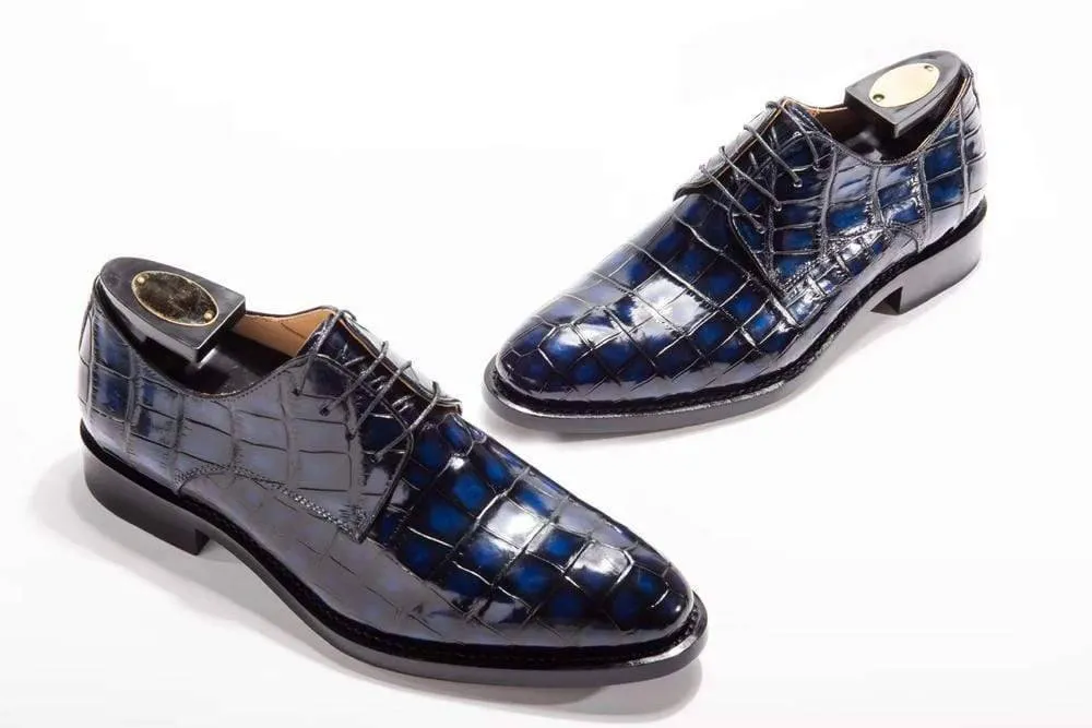 Preorder Handmade Men Crocodile Leather Lace-Up Shoes Dark Blue