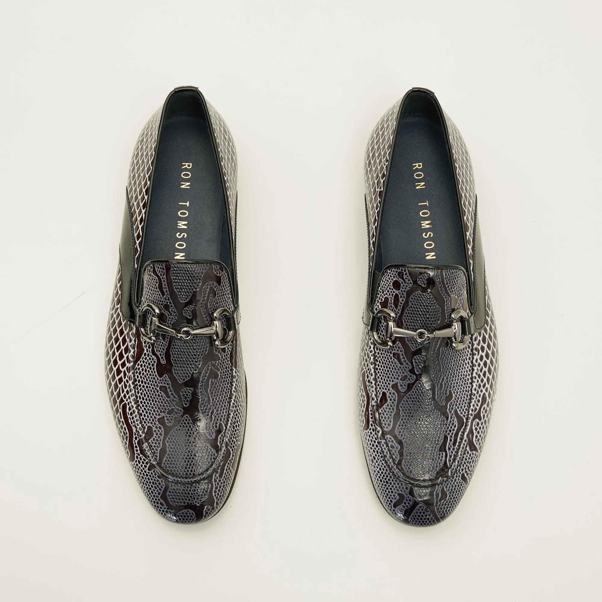 Snake Embossed Leather And Silver Metal Bit Loafer - Black Beige