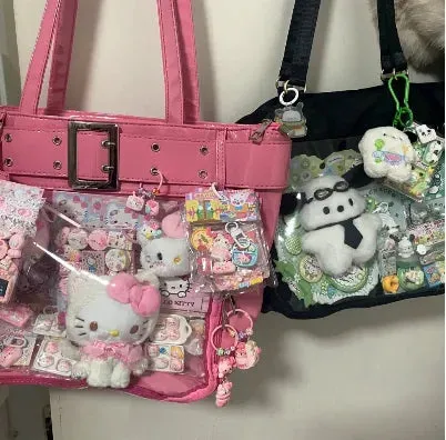 Sohiwoo Harajuku Pink Ita Bags Women Japanese Transparent Pu Leather Large Capacity Tote Bag Hot Girls Handbag Aesthetic