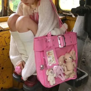 Sohiwoo Harajuku Pink Ita Bags Women Japanese Transparent Pu Leather Large Capacity Tote Bag Hot Girls Handbag Aesthetic