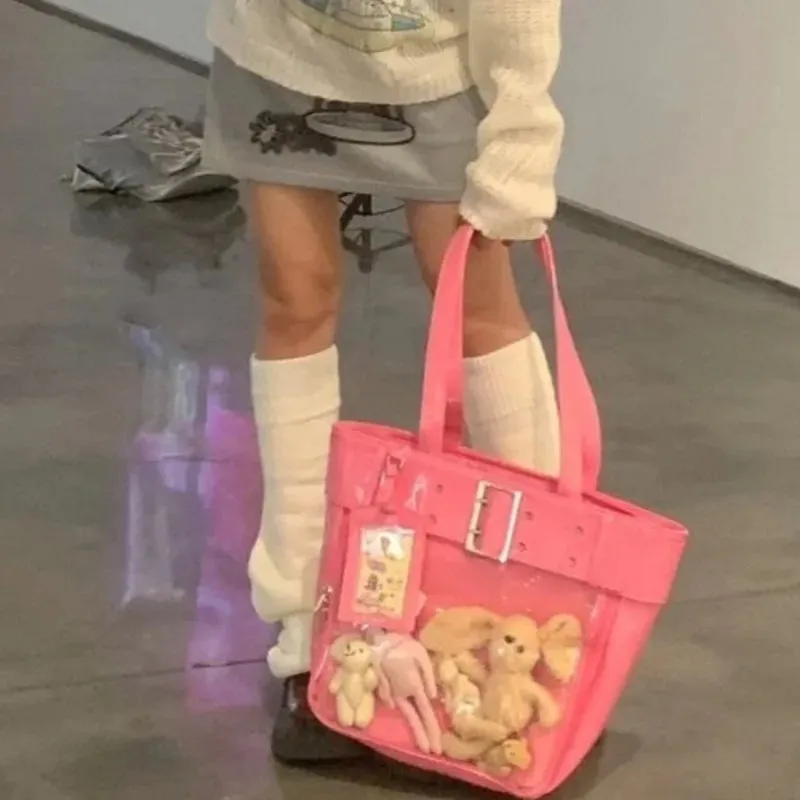 Sohiwoo Harajuku Pink Ita Bags Women Japanese Transparent Pu Leather Large Capacity Tote Bag Hot Girls Handbag Aesthetic