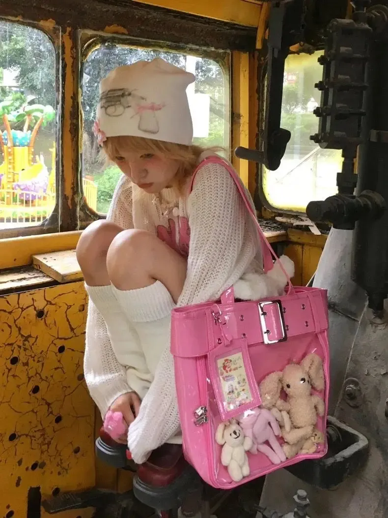 Sohiwoo Harajuku Pink Ita Bags Women Japanese Transparent Pu Leather Large Capacity Tote Bag Hot Girls Handbag Aesthetic