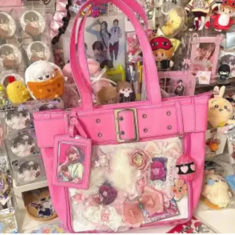 Sohiwoo Harajuku Pink Ita Bags Women Japanese Transparent Pu Leather Large Capacity Tote Bag Hot Girls Handbag Aesthetic