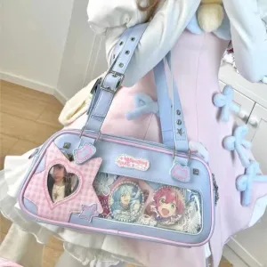 Sohiwoo Japanese Transparent Blue Handbag Women Harajuku Aesthetic Leather Ita Bag Female Preppy Style Sweet Cute Shoulder Bags