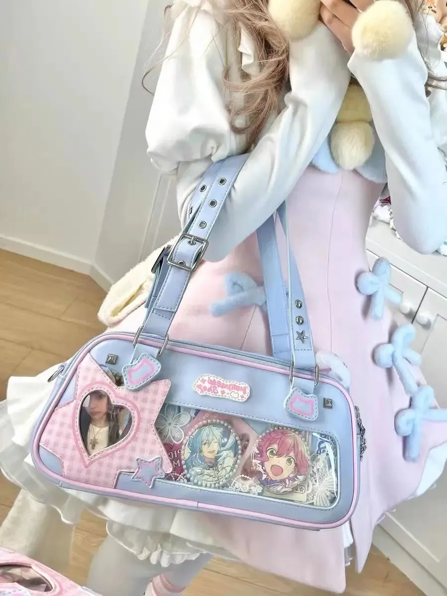 Sohiwoo Japanese Transparent Blue Handbag Women Harajuku Aesthetic Leather Ita Bag Female Preppy Style Sweet Cute Shoulder Bags