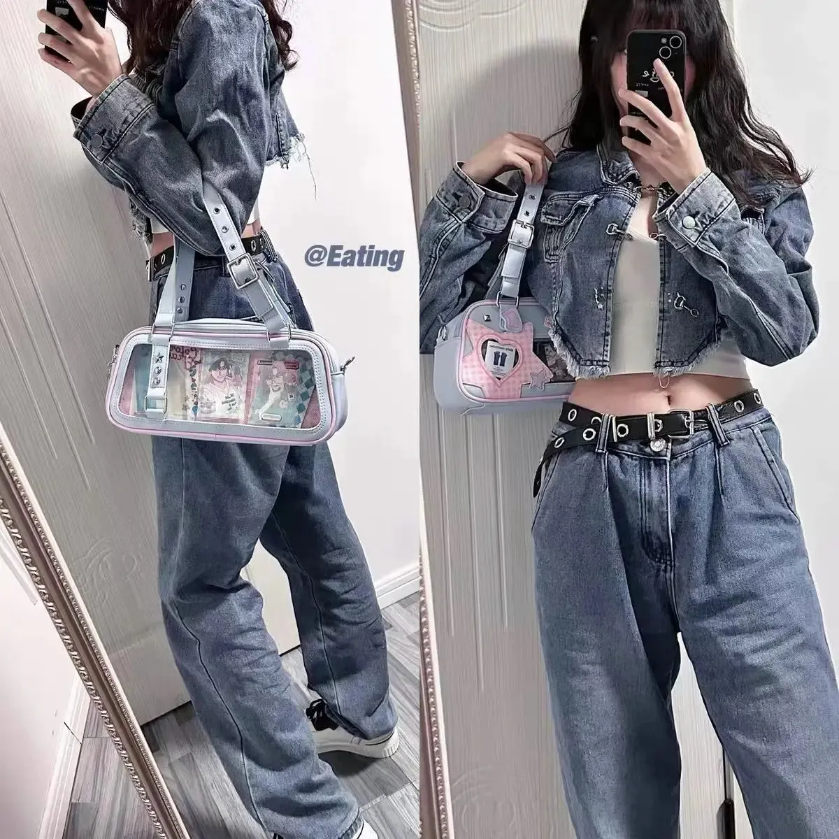 Sohiwoo Japanese Transparent Blue Handbag Women Harajuku Aesthetic Leather Ita Bag Female Preppy Style Sweet Cute Shoulder Bags