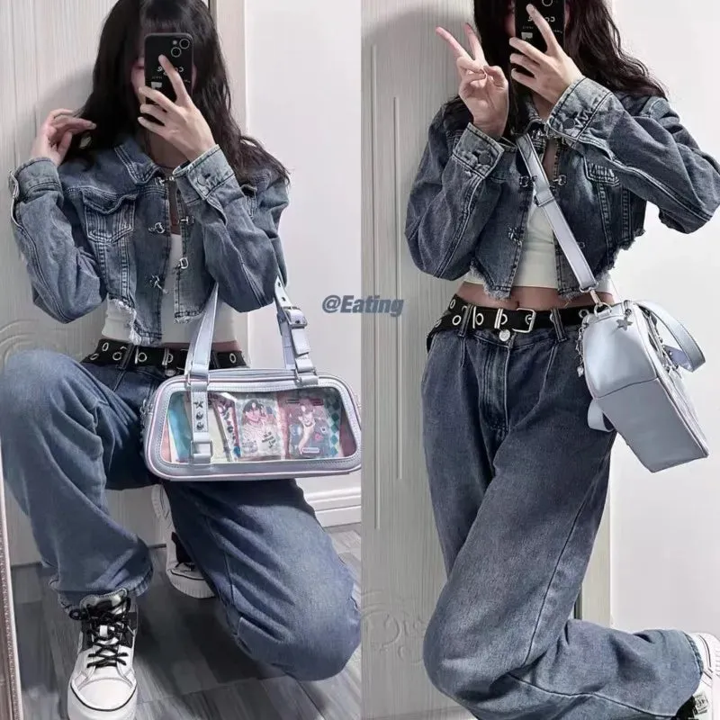 Sohiwoo Japanese Transparent Blue Handbag Women Harajuku Aesthetic Leather Ita Bag Female Preppy Style Sweet Cute Shoulder Bags