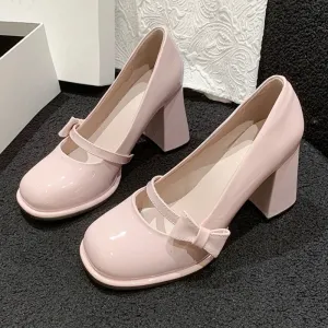 Sohiwoo Sweet Bowknot High Heels Mary Janes Women Cute Round Toe Patent Leather Pumps Woman Slip-On Square Heeled Bow Party Shoes Ladies