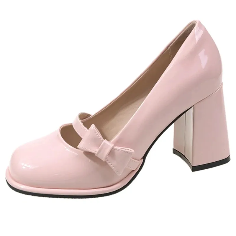 Sohiwoo Sweet Bowknot High Heels Mary Janes Women Cute Round Toe Patent Leather Pumps Woman Slip-On Square Heeled Bow Party Shoes Ladies