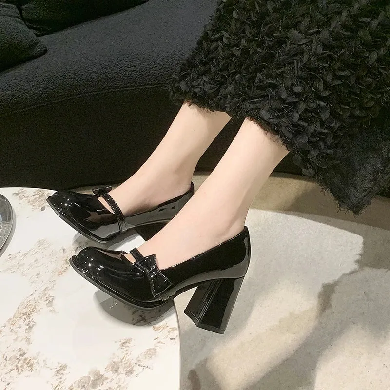 Sohiwoo Sweet Bowknot High Heels Mary Janes Women Cute Round Toe Patent Leather Pumps Woman Slip-On Square Heeled Bow Party Shoes Ladies