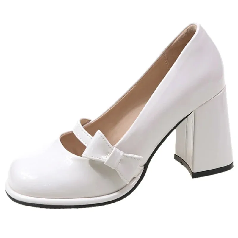 Sohiwoo Sweet Bowknot High Heels Mary Janes Women Cute Round Toe Patent Leather Pumps Woman Slip-On Square Heeled Bow Party Shoes Ladies