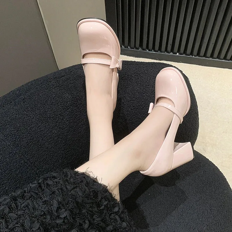 Sohiwoo Sweet Bowknot High Heels Mary Janes Women Cute Round Toe Patent Leather Pumps Woman Slip-On Square Heeled Bow Party Shoes Ladies