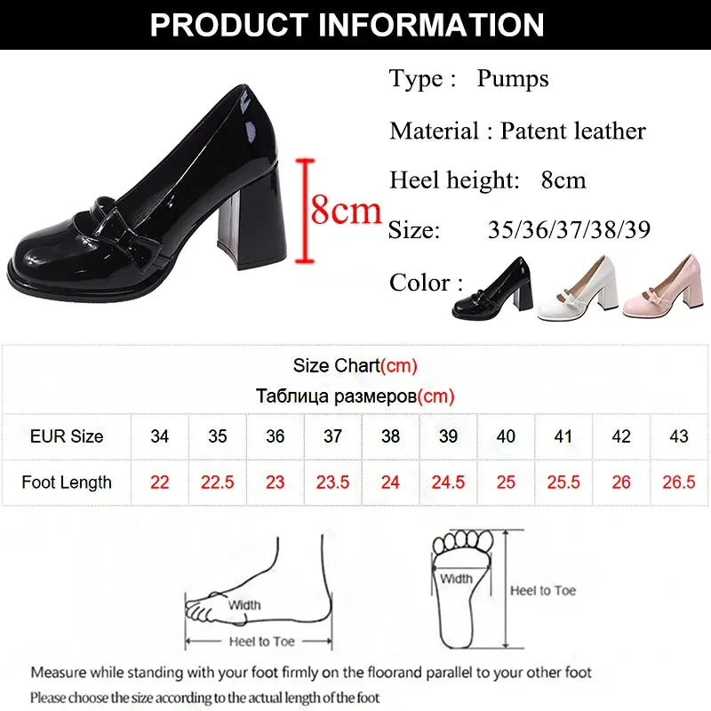 Sohiwoo Sweet Bowknot High Heels Mary Janes Women Cute Round Toe Patent Leather Pumps Woman Slip-On Square Heeled Bow Party Shoes Ladies