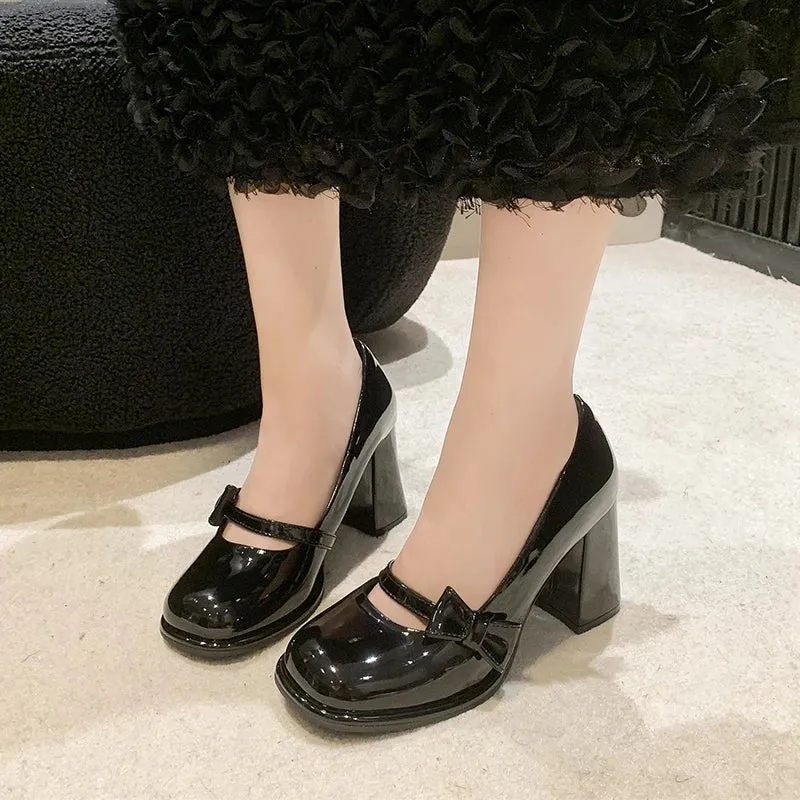 Sohiwoo Sweet Bowknot High Heels Mary Janes Women Cute Round Toe Patent Leather Pumps Woman Slip-On Square Heeled Bow Party Shoes Ladies