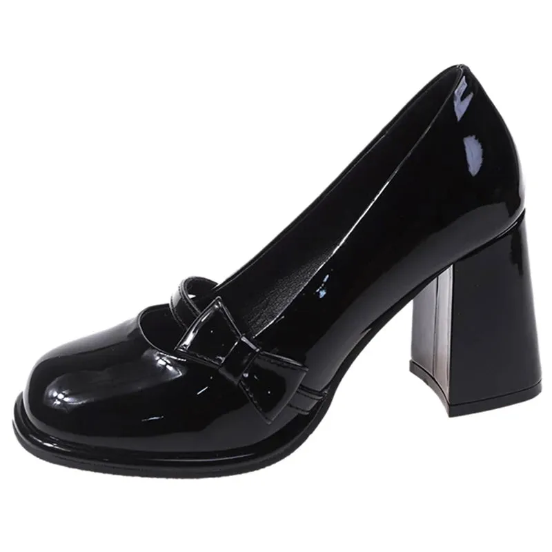 Sohiwoo Sweet Bowknot High Heels Mary Janes Women Cute Round Toe Patent Leather Pumps Woman Slip-On Square Heeled Bow Party Shoes Ladies