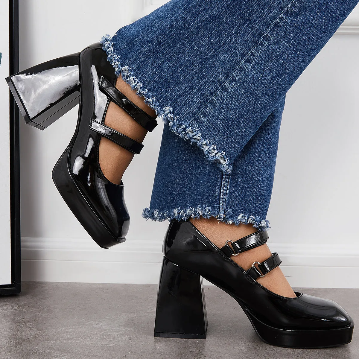 Sohiwoo woman formal Platform Mary Jane Pumps Block Chunky Heel Ankle Strap Lolita Shoes