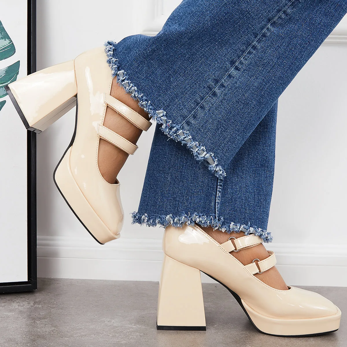 Sohiwoo woman formal Platform Mary Jane Pumps Block Chunky Heel Ankle Strap Lolita Shoes