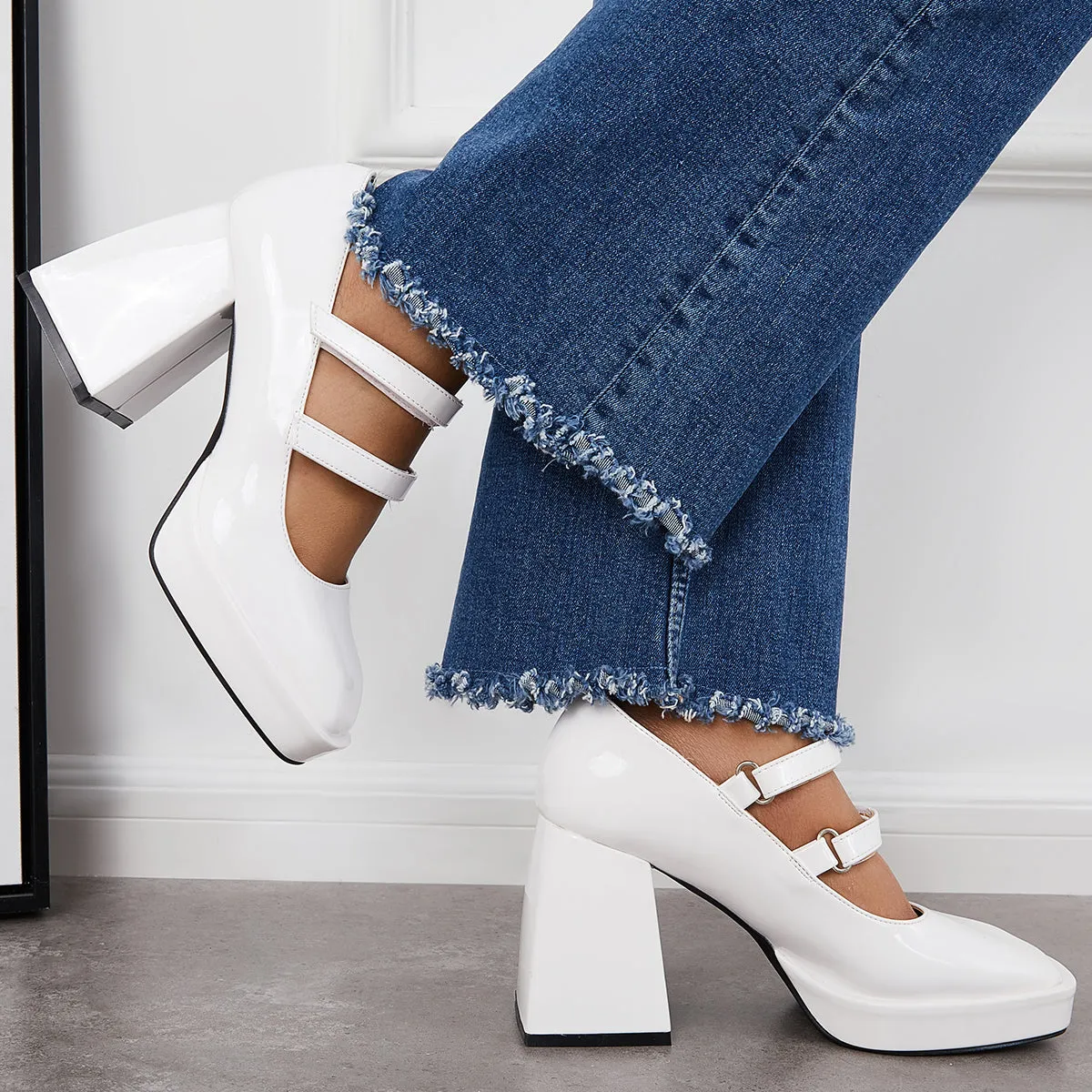 Sohiwoo woman formal Platform Mary Jane Pumps Block Chunky Heel Ankle Strap Lolita Shoes
