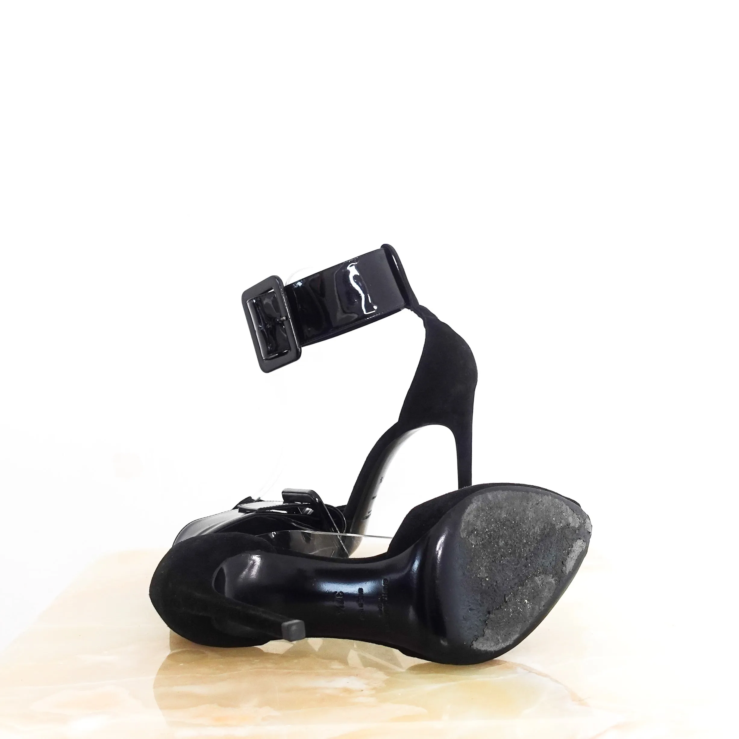 Suede heels with patent ankle straps