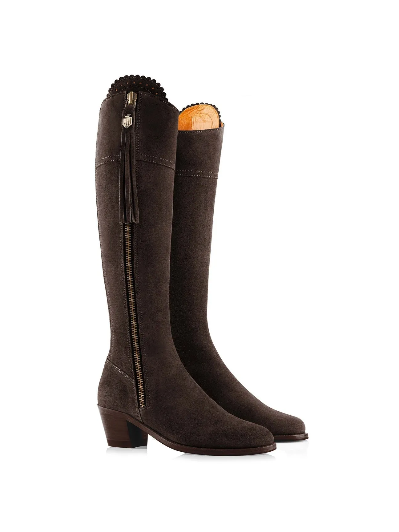 The Regina Women's Tall Heeled Boot - Chocolate Suede, Narrow Calf