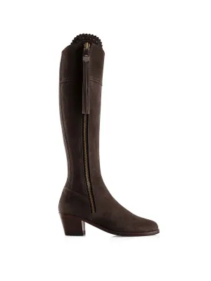 The Regina Women's Tall Heeled Boot - Chocolate Suede, Narrow Calf