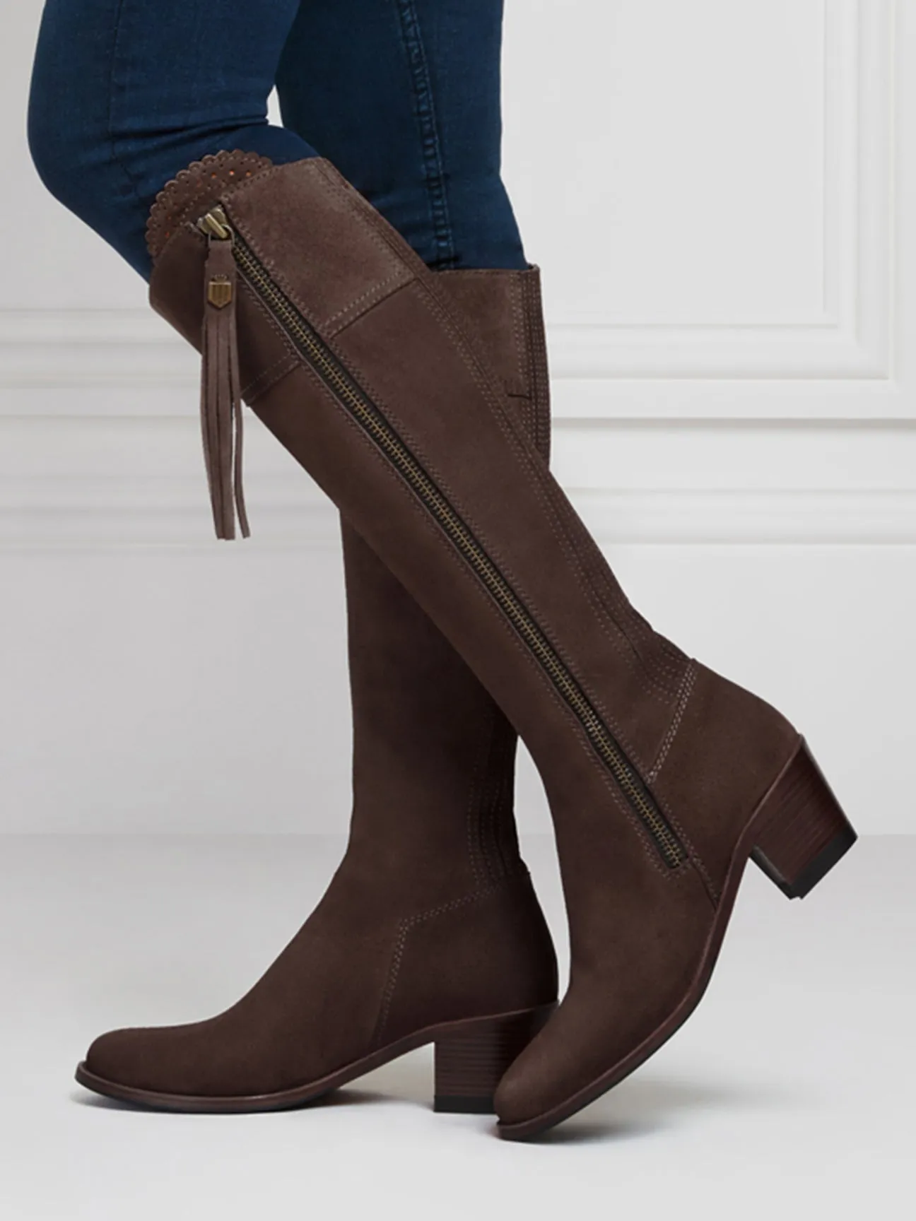 The Regina Women's Tall Heeled Boot - Chocolate Suede, Narrow Calf