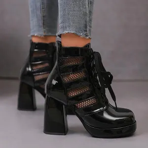Women's Breathable Mesh Lace-up Chunk Heel Ankle Boots 52292734S
