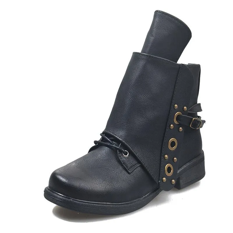 Women's chunky short motorcycle boots square toe retro ankle boots